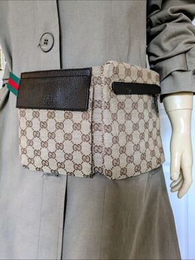 Gucci Beige/Brown GG Supreme Canvas Waist Belt Bag with Green-Red Belt
